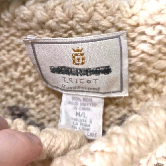 Vtg Sz L 90s Express Tricot Hand Knit Wool Chunky Sweater Cardigan Cottagecore - Picture 3 of 9